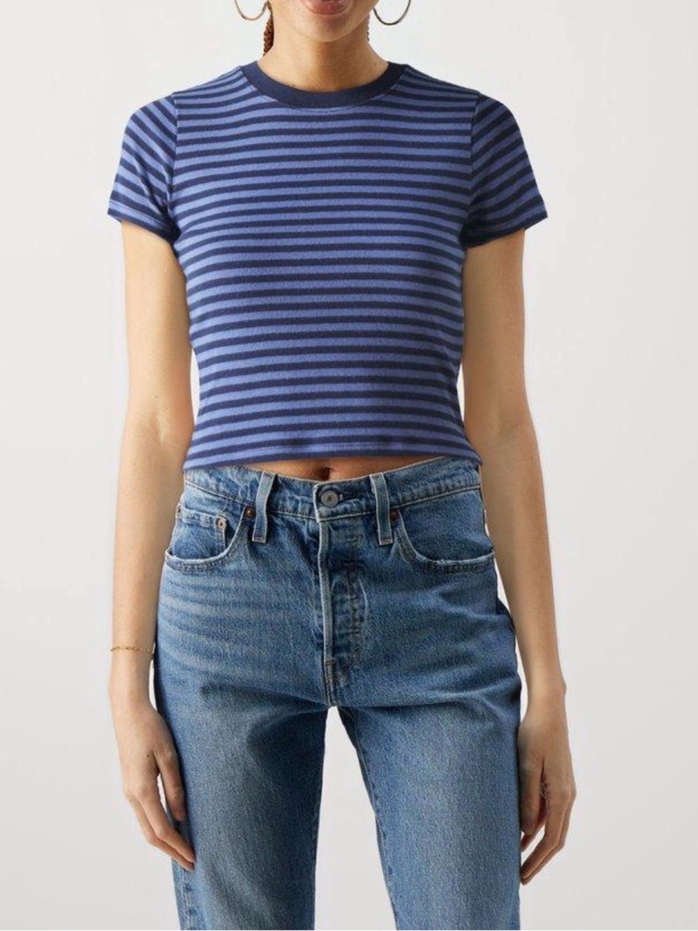 Hollister Navy and Light Blue Striped Crop Tee